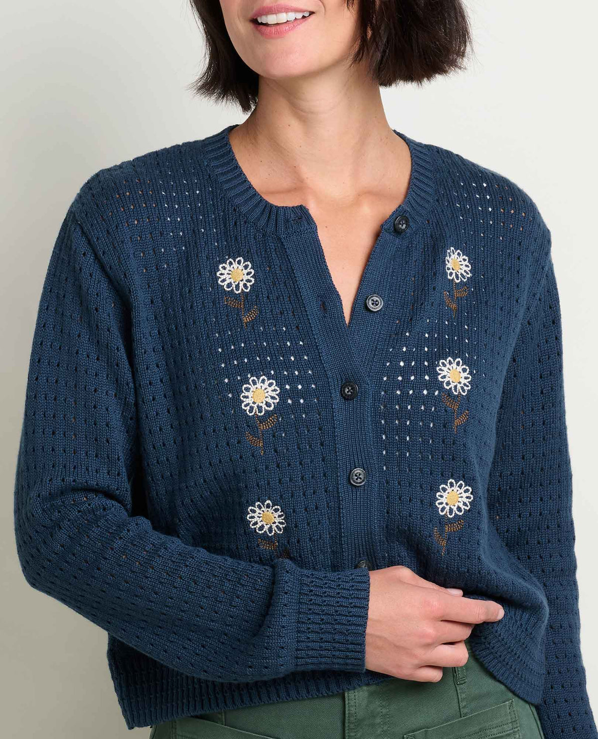 Toad&Co Bianca Embroidered Cardigan - Floral Pointelle Recycled Cotton Sweater